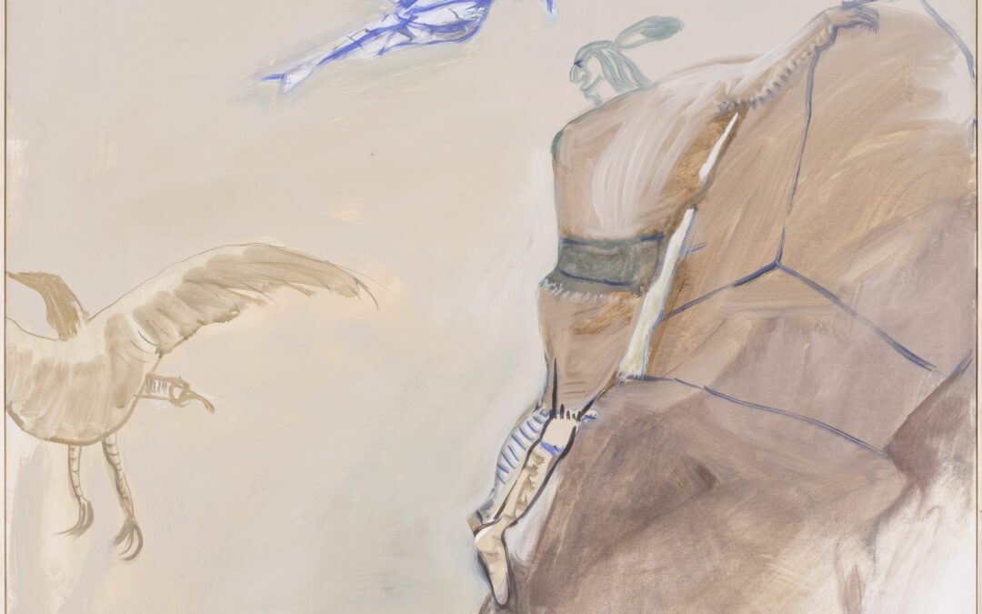 Bergsteiger, Violetter Vogel, 2017 | Leimfarbe auf Leinwand, 140 x 125 cm