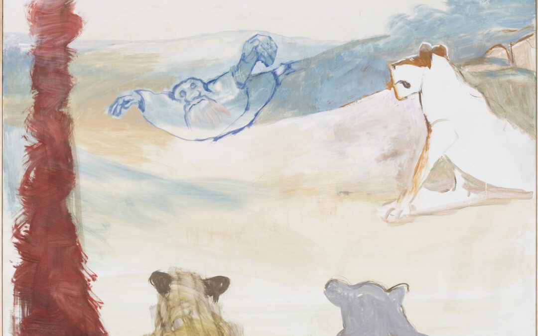 Löwenerschaffung, roter Baum, 2017 | Leimfarbe auf Leinwand, 135 x 110 cm