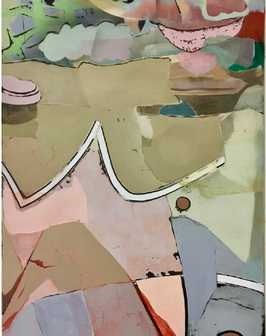 o.T. 2019 140x90cm Gesso, Tempera, Tusche, Sprühfarbe auf Baumwolle
