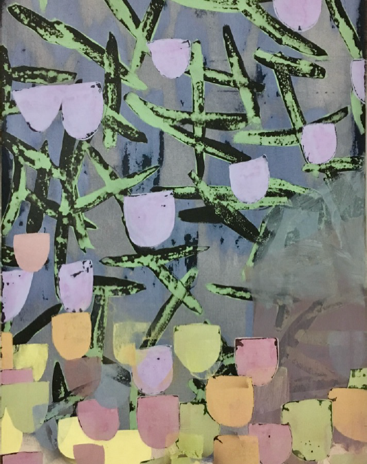 o.T. 2019 140x90cm Gesso, Tempera, Tusche, Sprühfarbe auf Baumwolle..