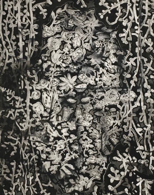 o.T. 2019 180x120cm Gesso, Tusche, Sprühfarbe auf Baumwolle